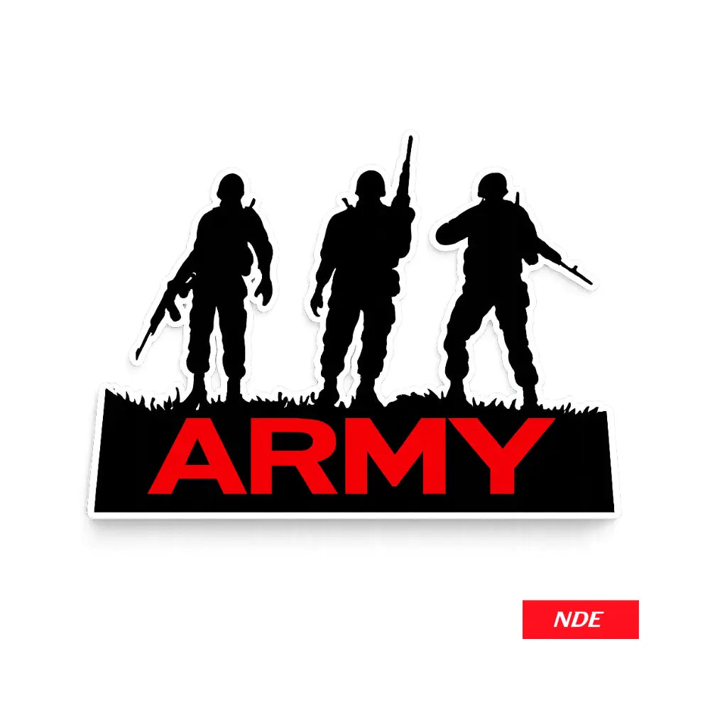 A die-cut sticker featuring black silhouettes of three soldiers standing on a black base with the word 'ARMY' in bold red letters, shown on a white background. A small red 'NDE' label appears in the bottom right corner.