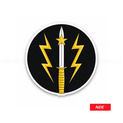Circular logo with a sword and lightning bolts on a black background, featuring the text 'NDE' in red.