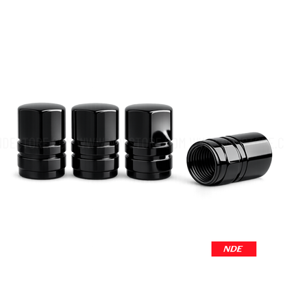 Set of black metal valve stem caps with a visible brand logo on a white background