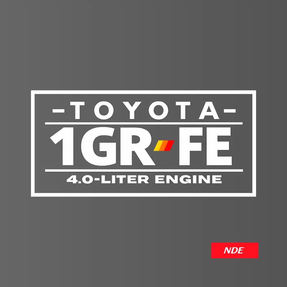 A dark gray square graphic with a white rectangular badge reading 'TOYOTA 1GR-FE 4.0-LITER ENGINE' and a small red 'NDE' label in the lower right corner.