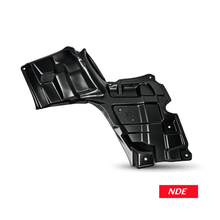 A black molded plastic vehicle underbody shield shown on a clean white background with a red 'NDE' logo badge in the bottom right corner. oyota-vitz-ksp130-fender-shield-under-cover-set-2014-2021