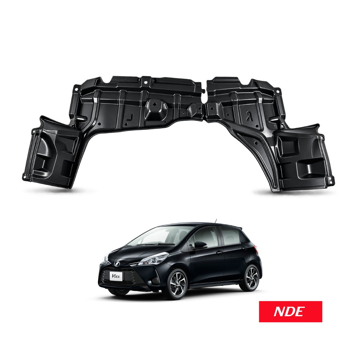 oyota-vitz-ksp130-fender-shield-under-cover-set-2014-2021 Black molded automotive underbody shield parts shown above a small side view of a dark hatchback car on a white background, with a red NDE label in the lower right.