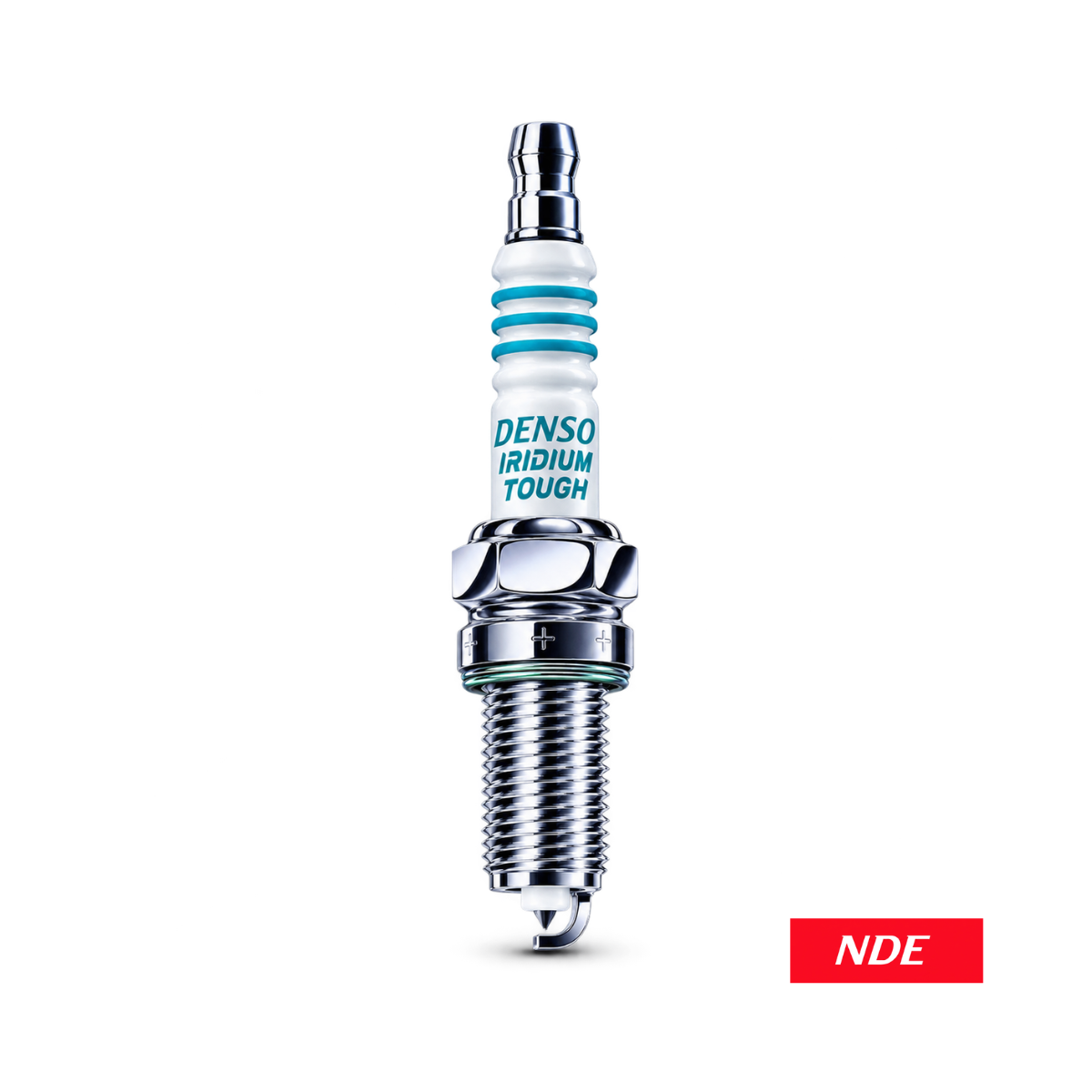 A single Denso Iridium Tough spark plug shown upright on a clean white background, with a small red 'NDE' label in the bottom-right corner.