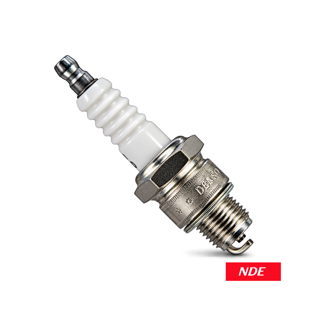 denso-w22fs-u-4025-spark-plug-made-in-japan-A single spark plug with a white ceramic insulator, silver metal electrode and hex nut, shown on a clean white background with a small red 'NDE' label in the bottom right corner.