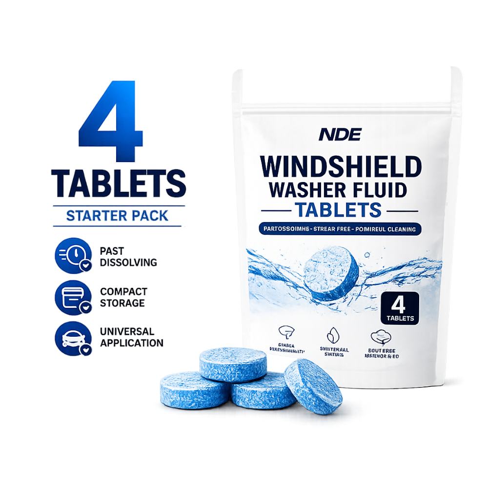 NDE Windshield Washer Fluid Tablets starter pack showing a white resealable pouch with blue text and water graphics, alongside four blue round tablets on a clean white background. Large text on the left reads '4 TABLETS STARTER PACK' with feature icons for past dissolving, compact storage, and universal application.