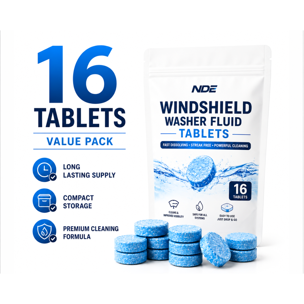 NDE Windshield Washer Fluid Tablets value pack containing 16 blue tablets, shown with a white resealable pouch and several loose round tablets on a clean white background with feature icons.