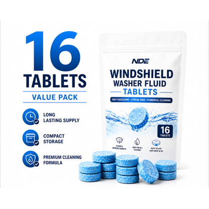 NDE Windshield Washer Fluid Tablets value pack containing 16 blue tablets, shown with a white resealable pouch and several loose round tablets on a clean white background with feature icons.
