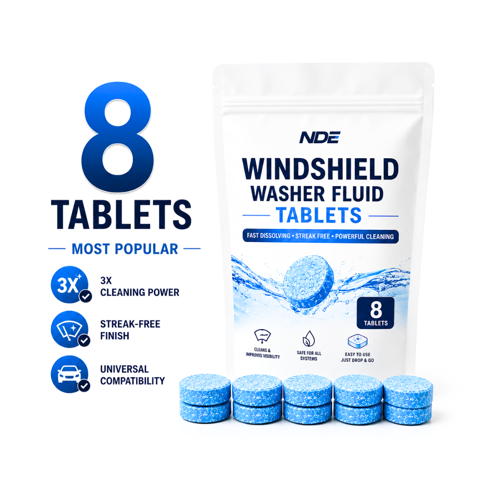 NDE Windshield Washer Fluid Tablets package shown on a white background with eight blue round tablets arranged in front. Large promotional text on the left reads '8 TABLETS' with feature icons for 3X cleaning power, streak-free finish, and universal compatibility.