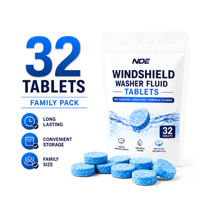 NDE Windshield Washer Fluid Tablets in a white resealable pouch with blue text and graphics, shown with several blue round tablets in front on a white background. Large text on the left reads '32 TABLETS FAMILY PACK' with feature icons below.