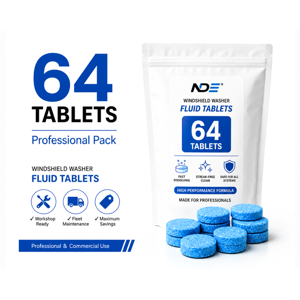 NDE Windshield Washer Fluid Tablets in a 64-count professional pack, featuring a white resealable pouch with blue and black text, several blue round tablets, and marketing text on a white background.