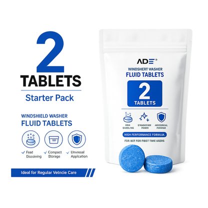 ADE Windshield Washer Fluid Tablets Starter Pack showing a white resealable pouch with blue text and two blue tablets in front, alongside product callouts reading '2 TABLETS Starter Pack' on a white background.
