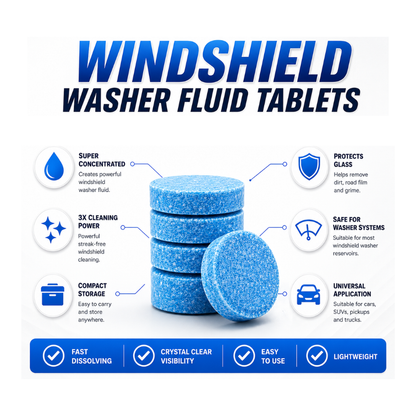 Blue windshield washer fluid tablets for streak-free windshield cleaning