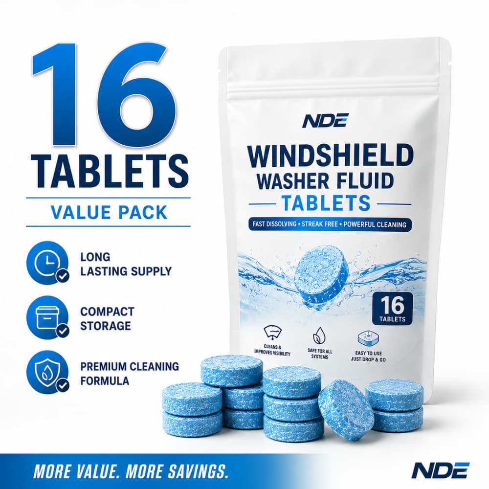 NDE Windshield Washer Fluid Tablets value pack showing a white stand-up pouch with blue text and graphics, several blue round tablets in front, and large text reading '16 TABLETS VALUE PACK' with feature icons on a white background.