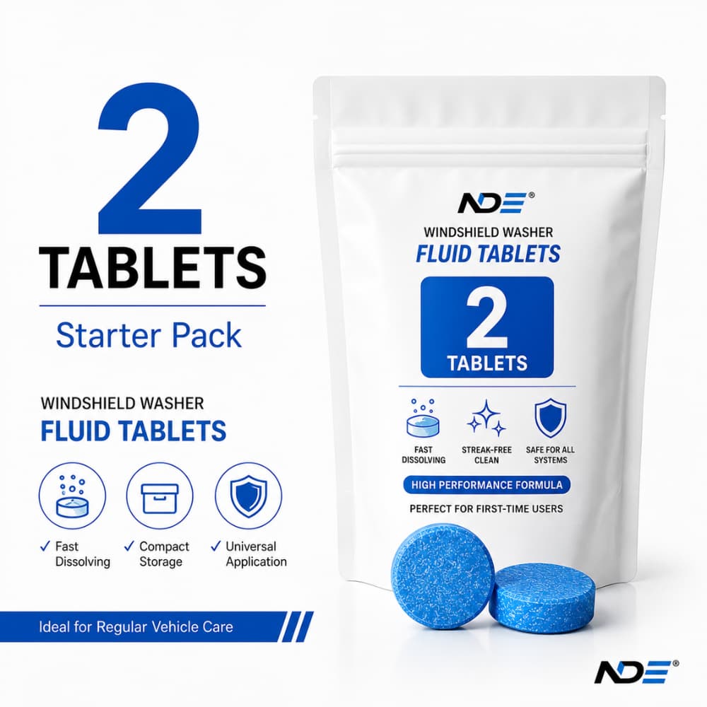 NDE Windshield Washer Fluid Tablets Starter Pack showing a white resealable pouch with blue text and two blue round tablets in front, alongside large text indicating 2 tablets and feature icons on a white background. NDE premium windshield washer fluid tablets for superior automotive glass cleaning