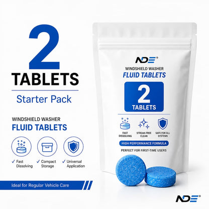 NDE Windshield Washer Fluid Tablets Starter Pack showing a white resealable pouch with blue text and two blue round tablets in front, alongside large text indicating 2 tablets and feature icons on a white background. NDE premium windshield washer fluid tablets for superior automotive glass cleaning