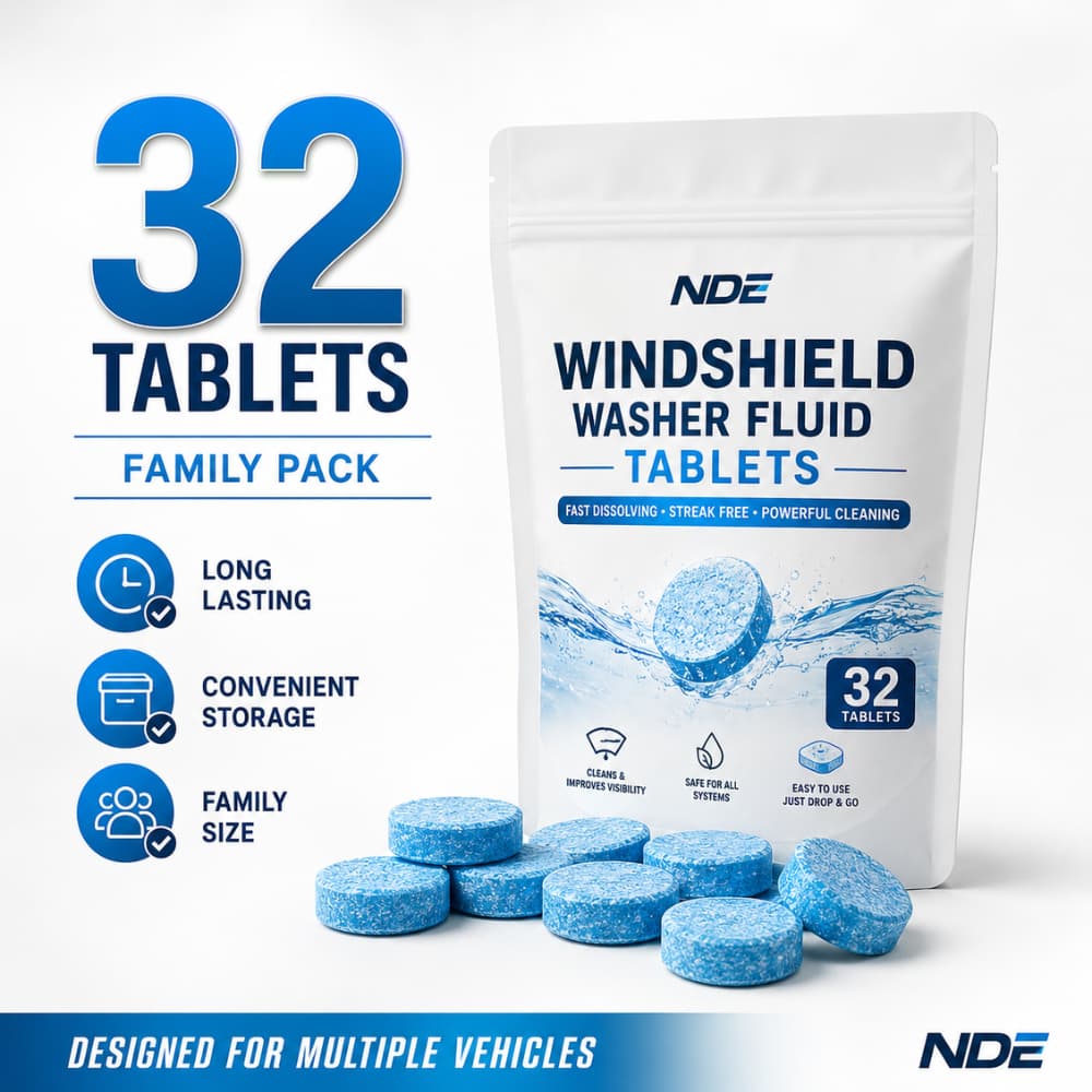 NDE Windshield Washer Fluid Tablets in a 32-count family pack, featuring a white stand-up pouch with blue text and graphics, alongside several blue round tablets displayed in front on a white background.