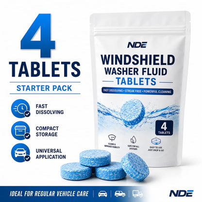 NDE Windshield Washer Fluid Tablets Starter Pack showing a white resealable pouch with blue text and splash graphics, four blue round tablets in front, and marketing callouts for 4 tablets, fast dissolving, compact storage, and universal application.