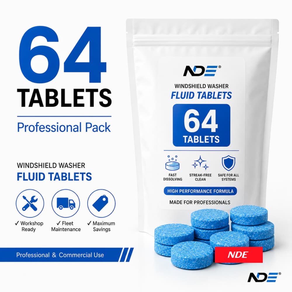 NDE Windshield Washer Fluid Tablets in a 64-count professional pack, featuring blue round tablets and a white resealable pouch on a clean white background.