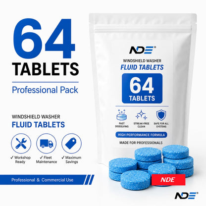 NDE Windshield Washer Fluid Tablets in a 64-count professional pack, featuring blue round tablets and a white resealable pouch on a clean white background.