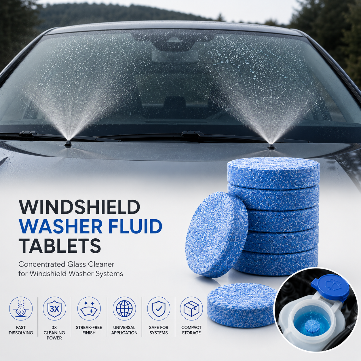 Windshield washer fluid tablets shown as blue round discs on a white background, with a car windshield spraying cleaner in the background and feature icons along the bottom.